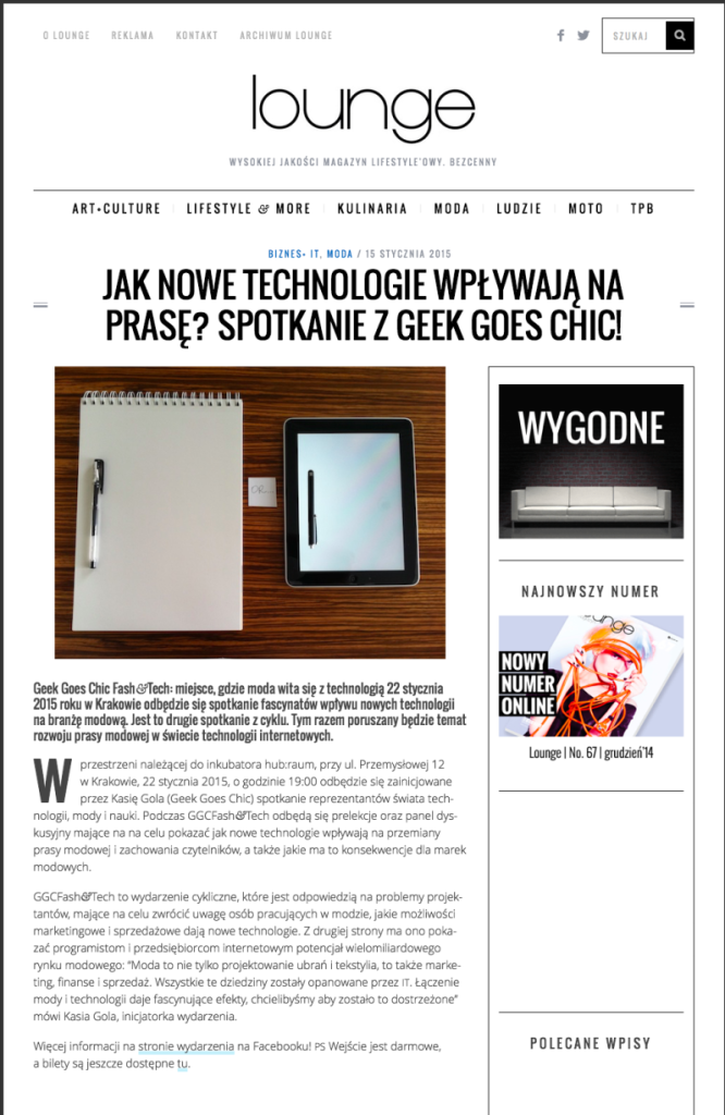 [Polish] Jak nowe technologie wpływają na prasę? Spotkanie z Geek Goes Chic! - Lounge Magazyn (20150115)